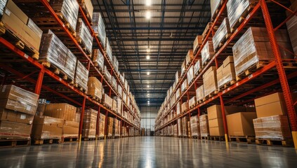 Fototapeta premium Boxes stacked on shelves in warehouse, for storage, shipping and distribution background