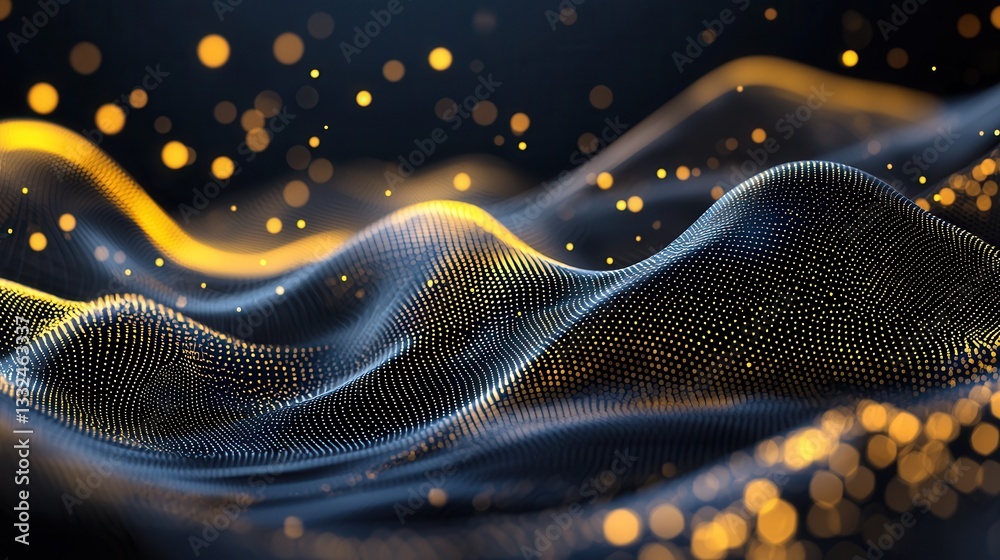 Poster captivating abstract landscape of undulating golden neon lines and shimmering bokeh lights creating 
