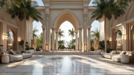 Obraz premium Lush greenery surrounds an opulent villa featuring grand arches, plush seating, and intricate details. Sunlight pours in, illuminating the serene ambiance of this exquisite outdoor living space