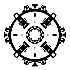 Black and White Mechanical Gear Design, Circular Arrangement with Interior Ornament and Geometric Elements.