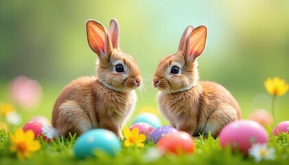 Fototapeta premium Two bunnies surrounded by vibrant decorated eggs in a field of flowers , colorful, whimsical scene
