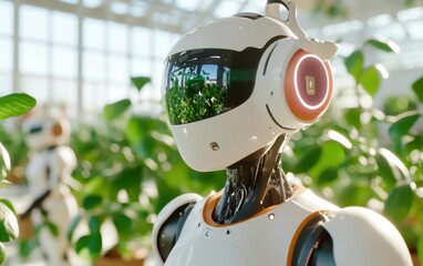 Humanoid robots coexist in a futuristic urban environment surrounded by greenery