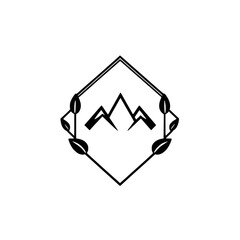 Minimalist Black and White Geometric Mountain Logo Enclosed in a Diamond with Leaf Embellishments, perfect for adventure or nature brands.
