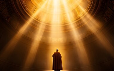 Celestial Illumination: A solitary figure, shrouded in shadow, stands bathed in ethereal light emanating from an unseen source, emphasizing mystery and spiritual ambiance.