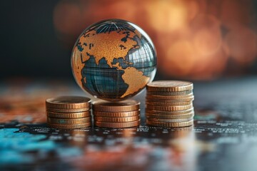 Close-up of a glass globe on coin stacks