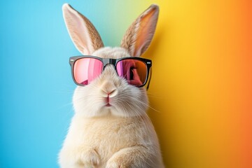 Obraz premium Cool bunny with sunglasses on blue and yellow background
