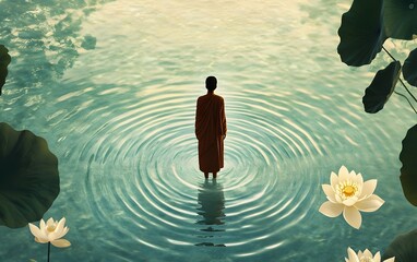 Serene Contemplation: A lone figure, garbed in simple robes, stands within a tranquil body of water, radiating a sense of inner peace. The figure is surrounded by water lilies.