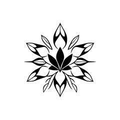 Symmetrical Black and White Floral Mandala Design with Intricate Petals and Leaf Elements, Minimalist and Modern.