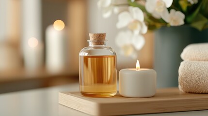 Aromatherapy Bottle with Candle and Towels in Calming Environment