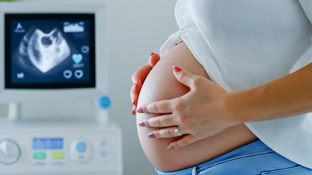 Young caucasian pregnant woman in medical clinic with ultrasound monitor displaying fetal image
