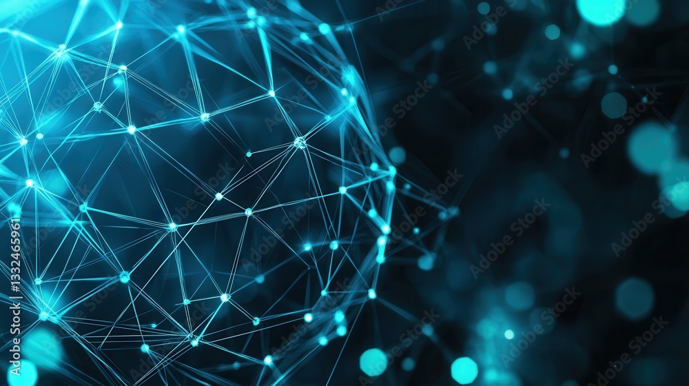 Poster a futuristic abstract digital network of interconnected points forming a luminous blue sphere symbol