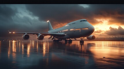 Naklejka premium Airplane on wet runway at sunset, ready for departure