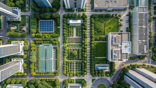 ESG sustainability framework Aerial view of a modern urban landscape featuring green spaces and buildings.