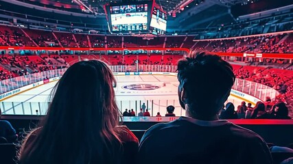 Young couple watching an exciting ice hockey game from their seats in a large indoor stadium. Concept of sports entertainment and shared experiences. - Powered by Adobe