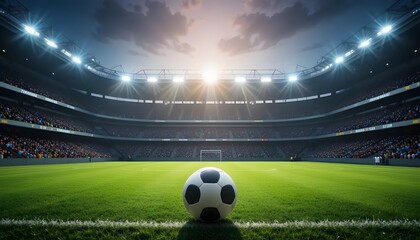 A Lone Soccer Ball Rests Center Field, Anticipation Hanging Heavy In The Air Of A Vast, Echoing Stadium Ready For The Roar Of The Crowd Under Brilliant Stadium Lights