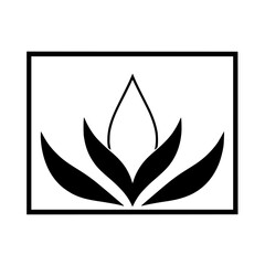 Black and white minimalist logo design of a stylized lotus flower within a rectangular border, suggesting serenity and balance.