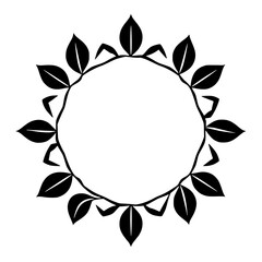 Fototapeta premium Circular Floral Design: A stylized black and white botanical illustration of a leaf-adorned wreath with an empty center.
