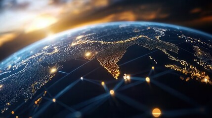 An expansive view of Earth at night showcasing a vast network of lights and infrastructure that highlight the technological and interconnected nature of our global society