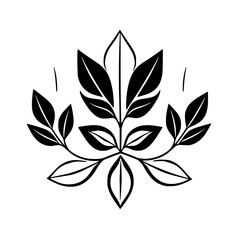 Stylized symmetrical black and white botanical illustration featuring a central flower-like structure surrounded by multiple leaf branches and small decorative line elements on a clean white backgroun