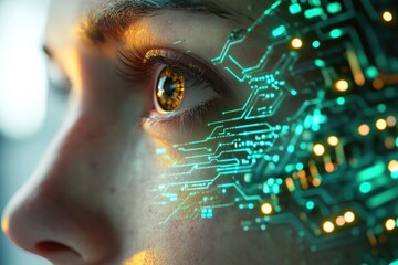 A close-up of a human eye overlaid with a futuristic circuit board design, symbolizing technological integration with humanity.