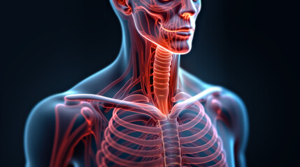 Digital representation of the upper human torso, highlighting the trachea, clavicle and rib cage. illustration of the respiratory and vascular system in the human torso.