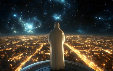 Contemplation under the Cosmos: A figure stands in quiet contemplation, gazing at a breathtaking panorama where the cityscape meets the starlit expanse of the cosmos above.