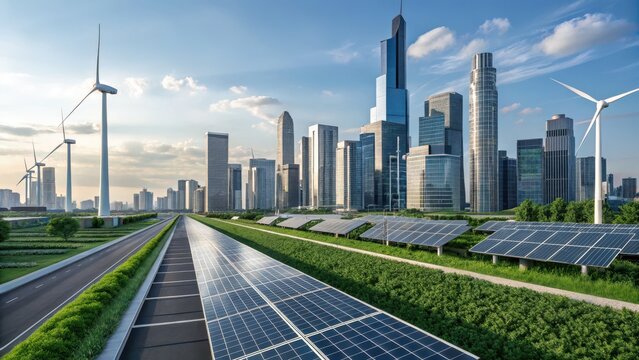 ESG sustainability resilience Sustainable cityscape featuring solar panels and wind turbines among modern skyscrapers.