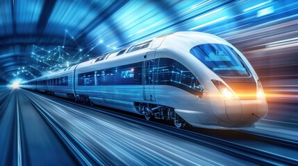 Naklejka premium Futuristic high speed digital wireframe train speeding through a transportation network illuminated by dynamic energy efficient technology