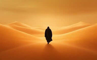 Desert Wanderer: A solitary figure, cloaked against the elements, traverses the undulating sands of a vast desert under a golden sun. The scene evokes a sense of solitude, resilience.