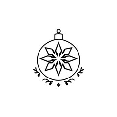 Minimalist Black-Line Ornament with Snowflake & Foliage Design on White Background, For Christmas or Winter Season.