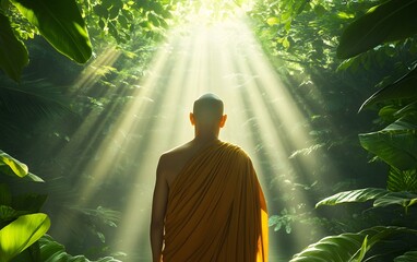 Monk in Serene Sunlight: A solitary monk, draped in saffron robes, stands bathed in radiant sunlight filtering through lush foliage, embodying inner peace and spiritual contemplation.