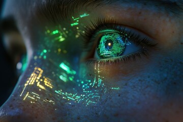 Close-up of a human eye with glowing circuit patterns projected onto the skin, suggesting advanced technology integration.