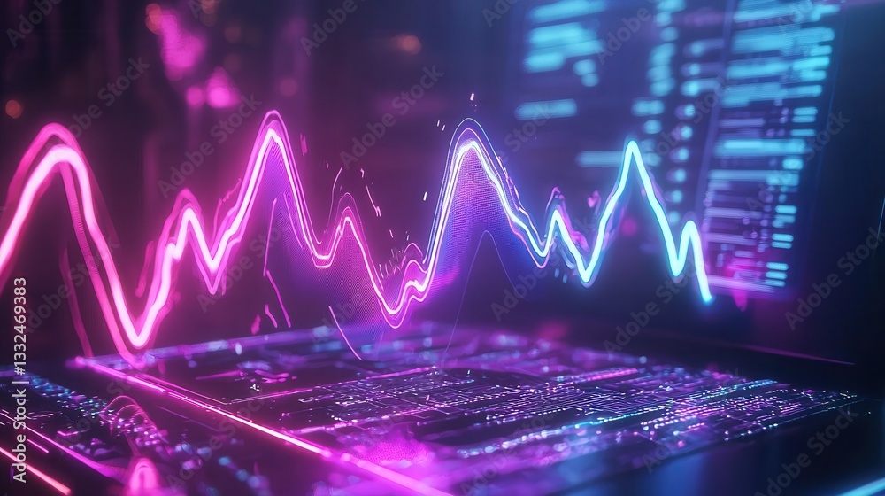 Poster mesmerizing abstract digital image with pulsing neon pink and blue wave lines representing high spee