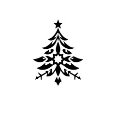 Abstract Black and White Christmas Tree Motif with Snowflake-Inspired Design and Star Topper on White Background