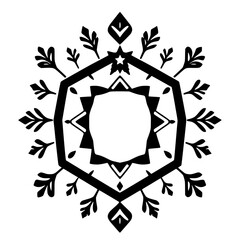 Obraz premium Intricate Black and White Geometric Snowflake Design Featuring Star, Leaf, and Diamond Motifs Centered on White Background.