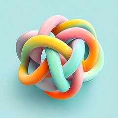 Colorful glossy abstract 3D loop design with smooth curves and interwoven shapes in vibrant shades of blue, pink, orange, and yellow on a light blue gradient background. Perfect for modern design