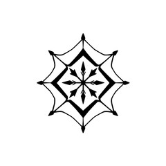 Symmetrical Black and White Geometric Starburst Mandala Design with Pointed Elements and Ornamental Flourish