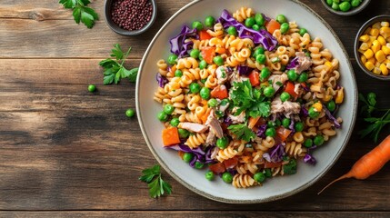 Delicious pasta salad with tuna, peas, carrots, and red cabbage. Perfect for a light lunch or healthy dinner option.