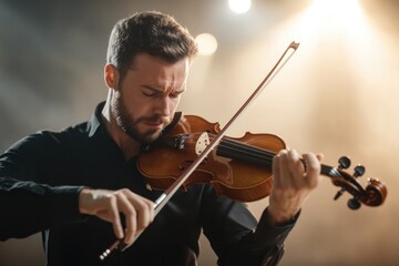 Fototapeta premium solitary musician playing violin in dimly lit room as warm light casts long shadows around space