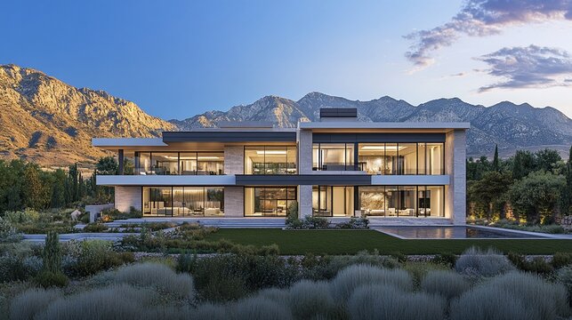Modern home exterior, desert mountain backdrop, evening light,  luxury residence