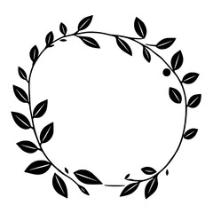 A minimalistic black and white circular floral wreath design featuring elegant leaves and a blank center space.