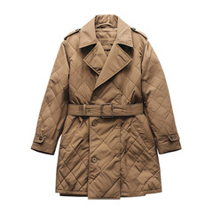 A Beige Padded Trench Coat with Belt Isolated on Transparent Background
