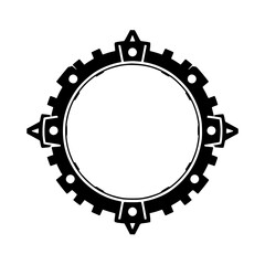 A symmetric, cogwheel-inspired emblem with a central empty space, featuring geometric details and a minimalist aesthetic in grayscale.
