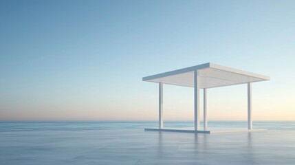 Minimalist white gazebo on a serene ocean platform at sunrise