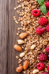 Delicious Granola with Almonds and Raspberries on Wood