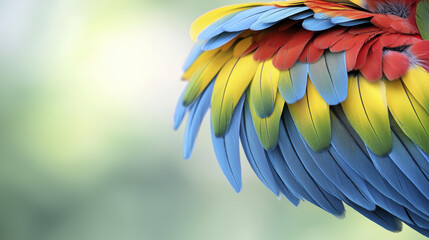 Fototapeta premium Colorful feathers of parrot showcasing vibrant red, yellow, and blue hues. intricate details create stunning visual effect