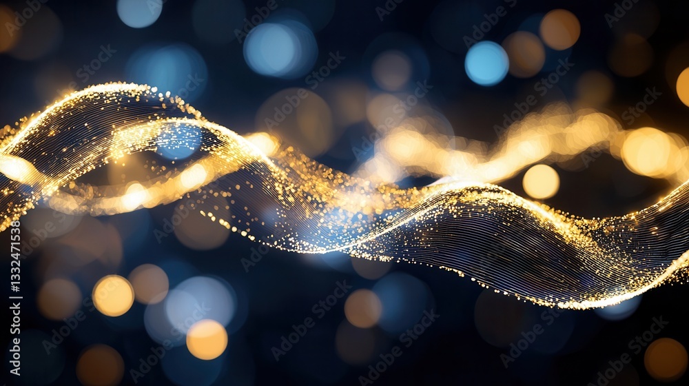 Poster captivating abstract background featuring shimmering golden neon waves and a soft blurred bokeh effe