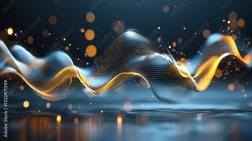 Poster captivating abstract image showcasing dynamic undulating gold and neon waves with a background of sh