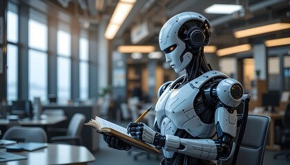 robot standing and working holding pen and book for writing.Ai generated image