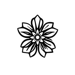 Black and white vector illustration of a stylized symmetrical flower with layered petals and a central circular detail, isolated on a white background.